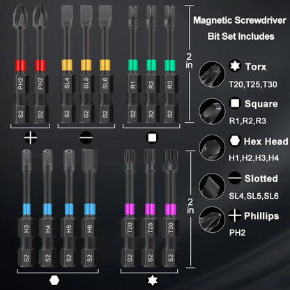Rafford15PCS Magnetic Batch Head Impact Electric Screwdriver Bit Set Magnetic Case 5 Types S2 Head Bit Anti-slip Waterproof Bits