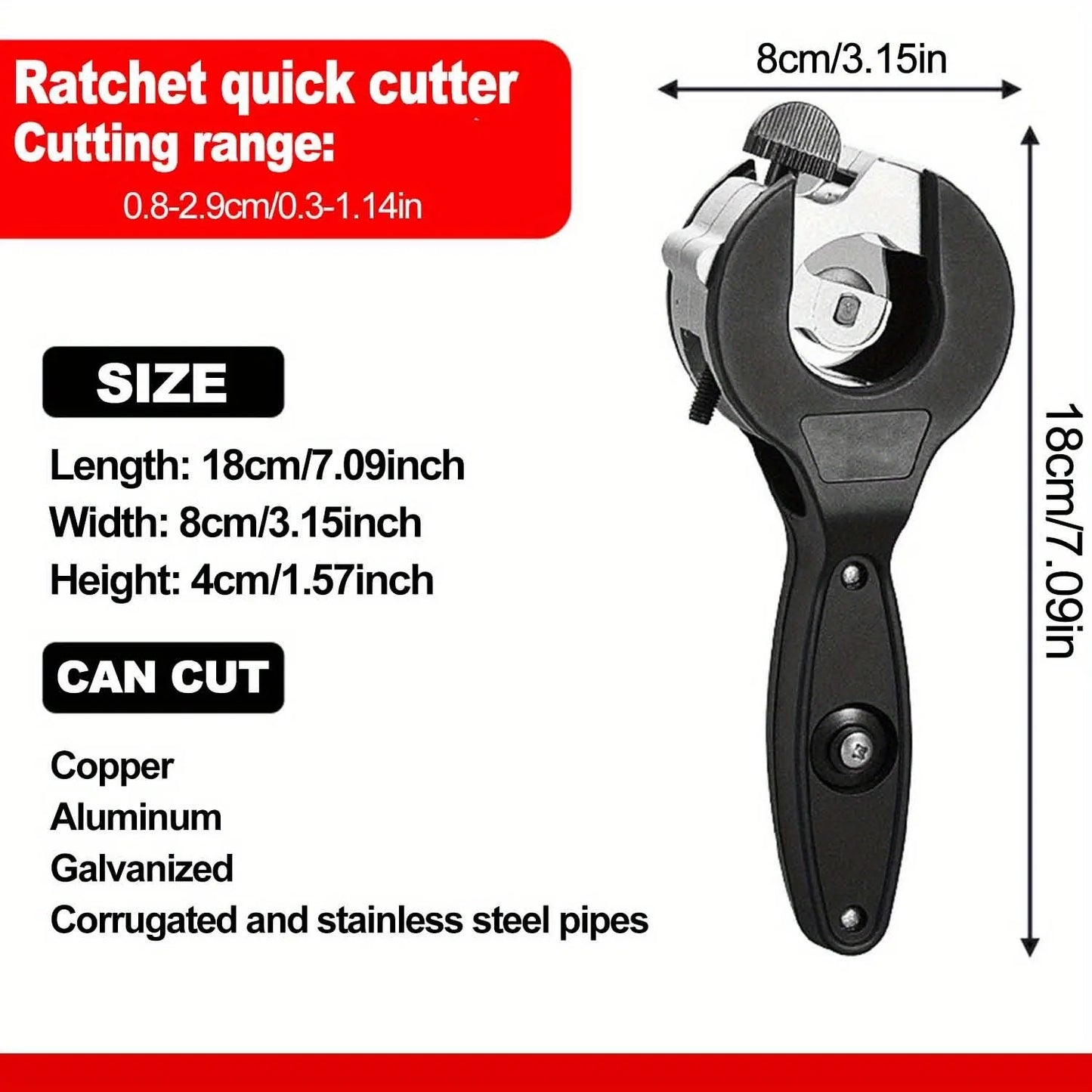 Ratchet Tube Cutter - Versatile Hand Tool for Copper, Aluminum, Iron, Stainless Steel, PPR & PE Pipes