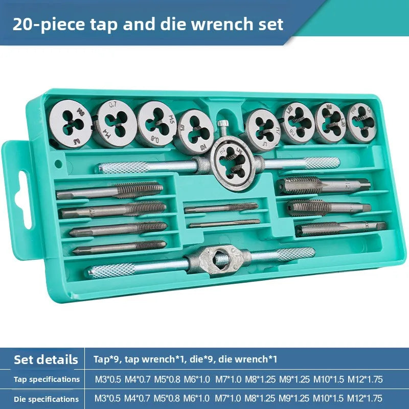 Manual Tap and Die Set with Drill Bits Reamers and Handle Tools for Thread Cutting DIY Hardware Kit Durable Steel