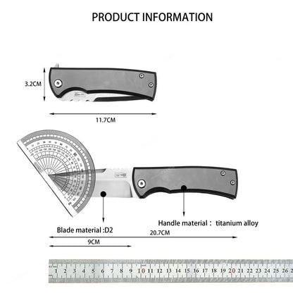 D2 Steel Folding EDC Pocket Knife 3.54 Inch Polished Blade Solid Titanium Alloy Handle 8.15 Inch Overall Length 4.61 Inch Compact Fold Size Lightweight Utility Knife with Pocket Clip for Camping Bushcraft Daily Outdoor Carry