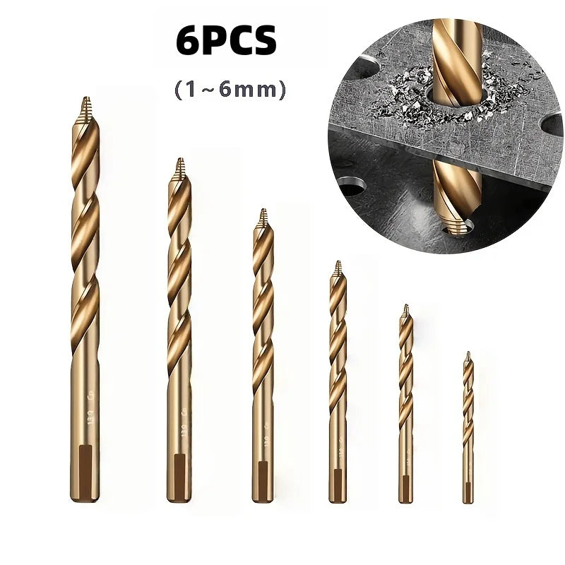 6Pcs Step Drill Bit Set 1-6mm With Gold Oxide Coating, Professional For Stainless Steel & Hard Metal