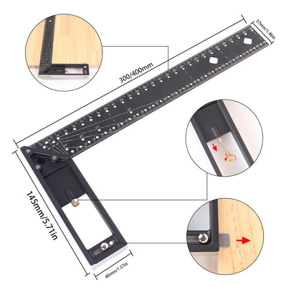 Woodworking Square Ruler - Right Angle Ruler Carpenter Square Layout Tool, Retractable Ledge, 30/40CM Multi-Angle Scribe Mark