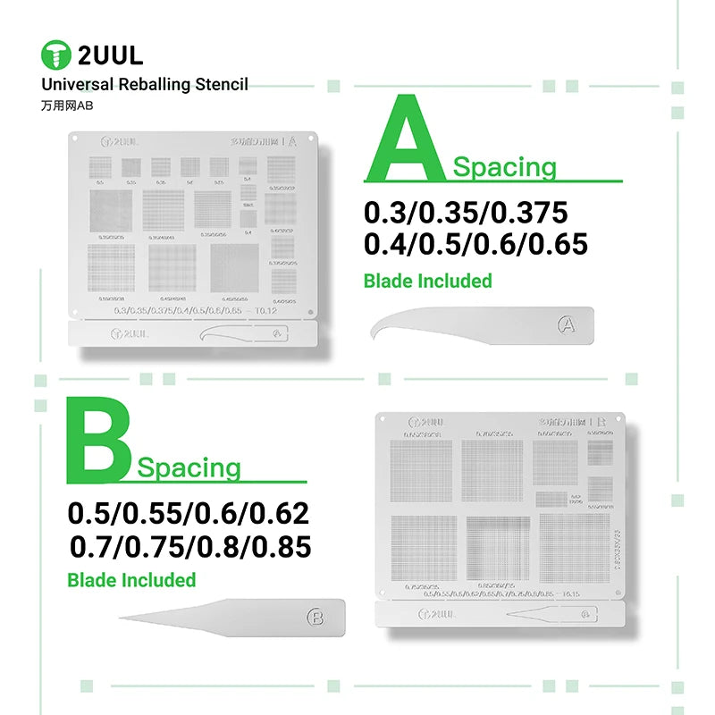 2UUL BG02 Universal Reballing Stencil AB BGA Reballing Stencil Kit Wide Compatibility Steel Mesh Solder Template
