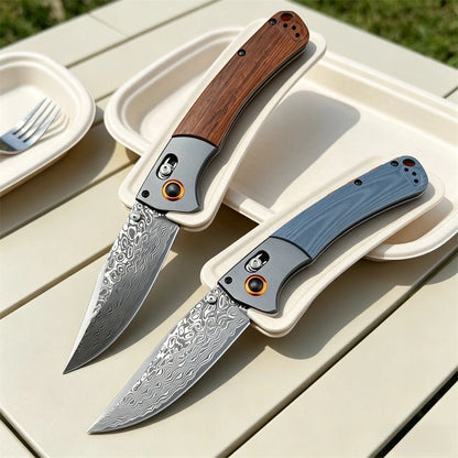 Damascus Steel Folding Pocket Knife BM 15080 with Wood & Blue G10 Handle Heavy-Duty Outdoor Cutting Tool for Daily & Outdoor Use