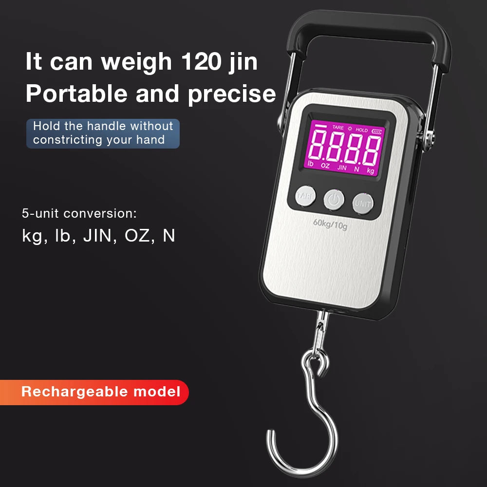 New 60kg/10g LCD Display USB Charging Digital Hanging Hook Scale Electronic Travel Luggage Scale Weighing Balance