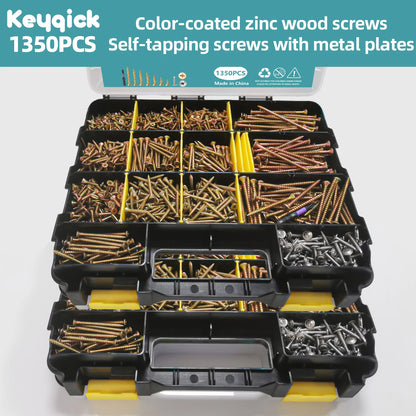 1350pcs Carbon Steel Phillips Wood Screws Assortment Kit, Flat-Head And Phillips Designs, Common Sizes M3.5/M4/M5/#8, Heavy Duty Self-Tapping Fasteners with Anti-Slip Matching Wrench, Sturdy Double Layer Storage Box, Hardware Supplies for Woodworking