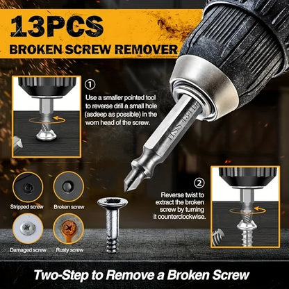 13Pcs Stripped Screw Extractor Set with Case, HSS 4341 Damaged Bolt Remover & S2 Steel Screwdriver Bit Kit