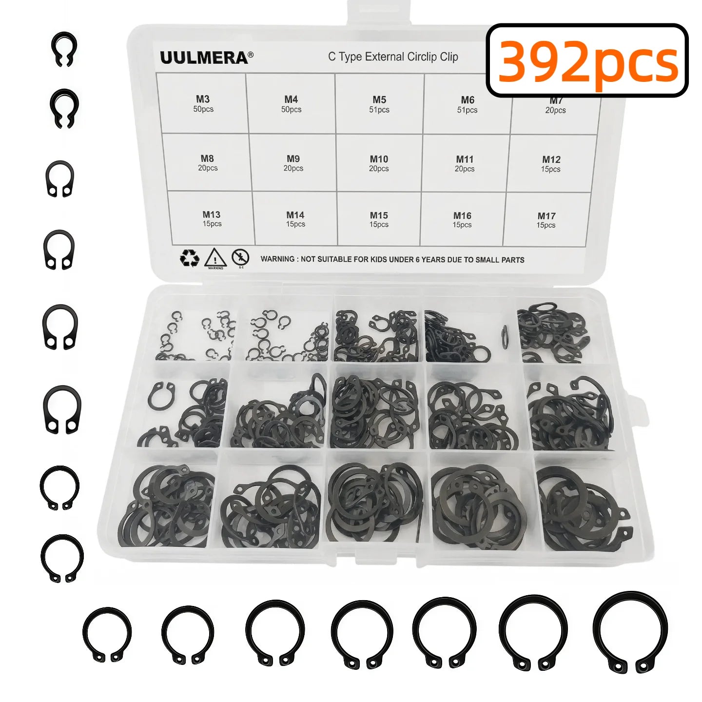 285/392/449Pcs M3-M25 Black Alloy Steel C Clip External Circlip Set Snap Ring Retaining Ring for Shaft Bearing Hardware