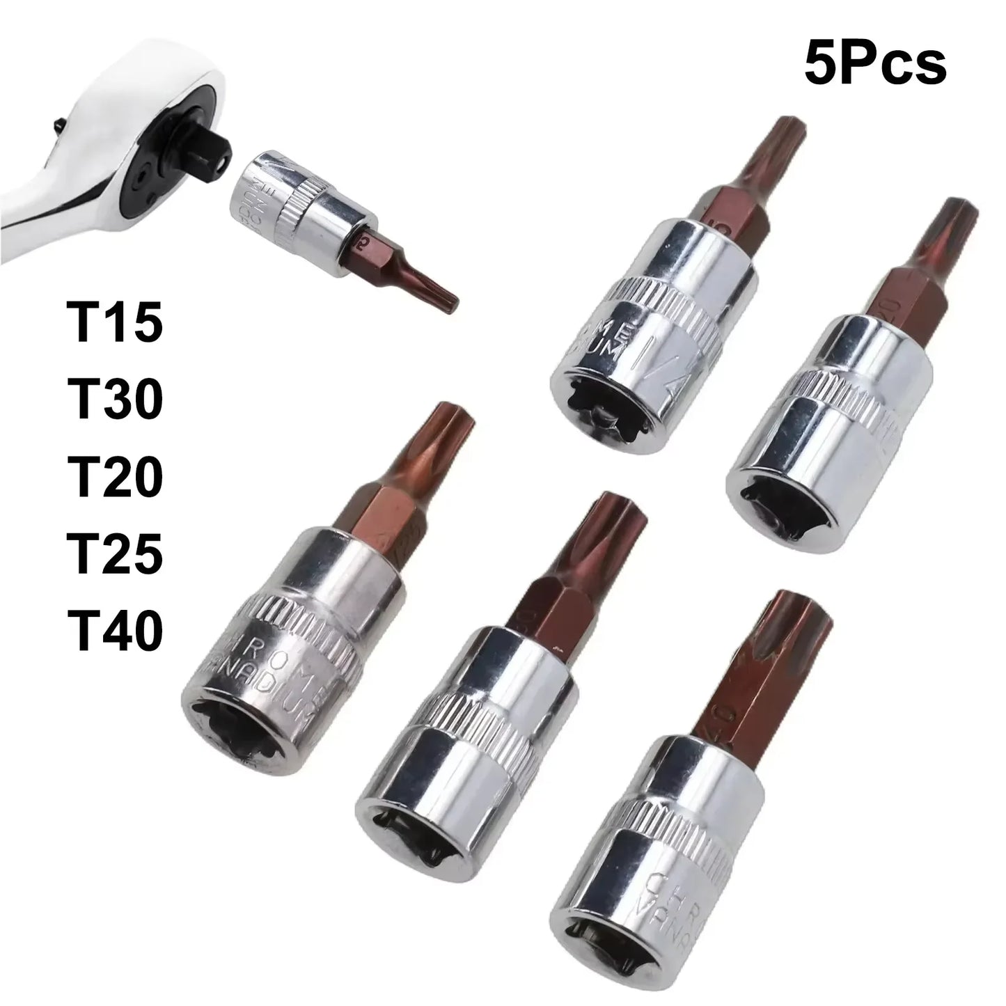 5pcs 1/4 Inch Drive Torx Bit Socket Set T15 T20 T25 T30 T40 S2 Steel High Torque Star Screwdriver Bits for Ratchet Wrench