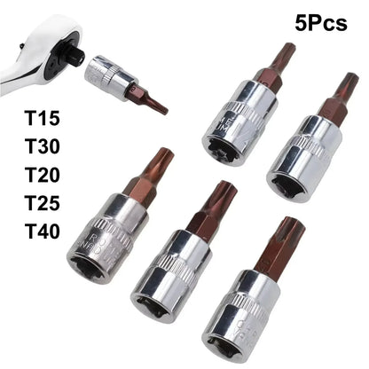 5pcs 1/4 Inch Drive Torx Bit Socket Set T15 T20 T25 T30 T40 S2 Steel High Torque Star Screwdriver Bits for Ratchet Wrench