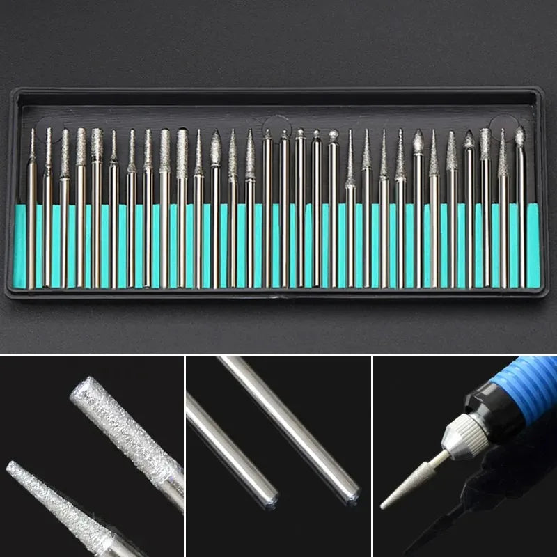 30PCS Diamond Burrs Set 3mm Shank Rotary Tool Bits for Dremel Grinding Engraving Drill Bits Kit for Glass Stone Ceramic Metal