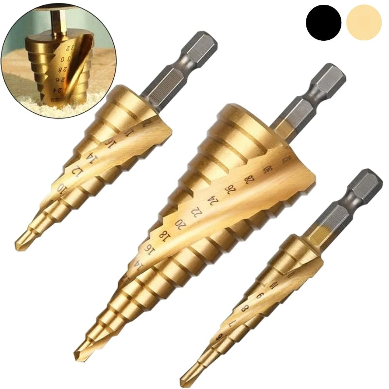 4-12/4-20/4-32mm Spiral Grooved Step Drill Bits HSS Titanium Coated Drill Hex Shank Cutting Tool for Wood, Stainless Steel,Metal