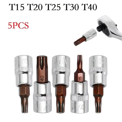 5pcs 1/4 Inch Drive Torx Bit Socket Set T15 T20 T25 T30 T40 S2 Steel High Torque Star Screwdriver Bits for Ratchet Wrench