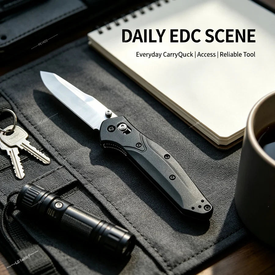 BM 940 Black Folding Knife with D2 Blade, Nylon Fiber Handle. Essential for Outdoor Camping. Compact Design, Precise and Durable. Ideal Gift for Men.