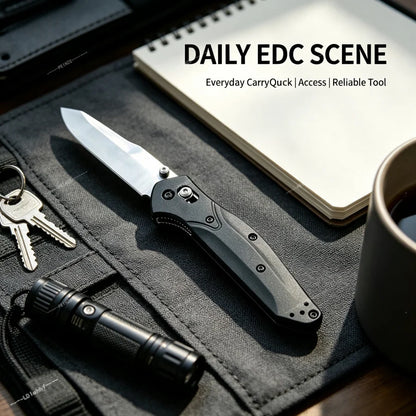 BM 940 Black Folding Knife with D2 Blade, Nylon Fiber Handle. Essential for Outdoor Camping. Compact Design, Precise and Durable. Ideal Gift for Men.