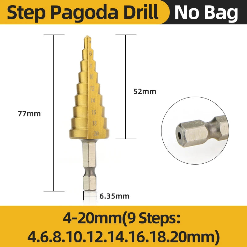 TOOLEYE HSS Titanium Step Drill Bit Stage Drills For Metal Wood High Speed Stepped Drill Set Power Tools 3-12 4-12 4-20 4-32mm