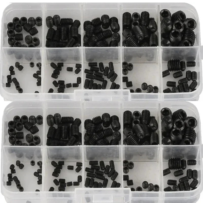 200pcs 304 Stainless Steel Grub Screw Kit M3 M4 M5 M6 M8 Hex Socket Flat Point Set Screws for Machinery Furniture Motorcycle