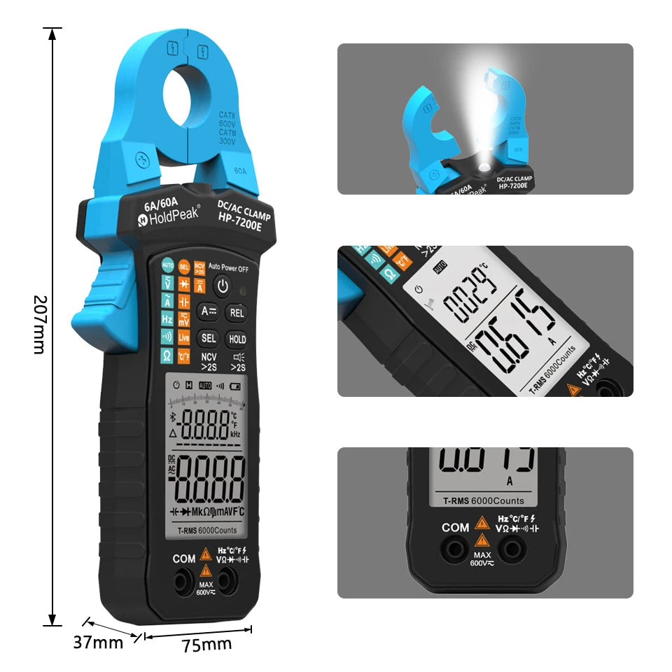 Digital AC/DC Clamp Meter 60A Auto Select Multimeter 6000 Counts True RMS NCV Live Wire Tester with Temperature for Electrical