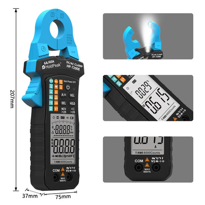 Digital AC/DC Clamp Meter 60A Auto Select Multimeter 6000 Counts True RMS NCV Live Wire Tester with Temperature for Electrical