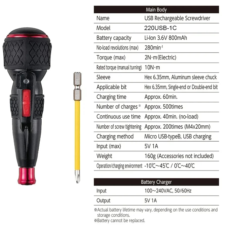 VESSEL Franchise Screwdriver Series NO.220USB-S1,NO.220USB-6C,NO.220USB-1C Electric Drive, Rechargeable Screwdriver