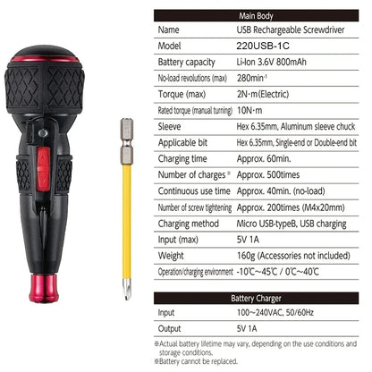 VESSEL Franchise Screwdriver Series NO.220USB-S1,NO.220USB-6C,NO.220USB-1C Electric Drive, Rechargeable Screwdriver