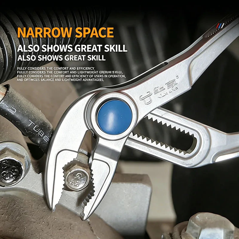 4 Inch Mini Groove Joint Pliers with Push Lock V Jaw Fast Adjustable for Tight Spaces Multi Surface Grip