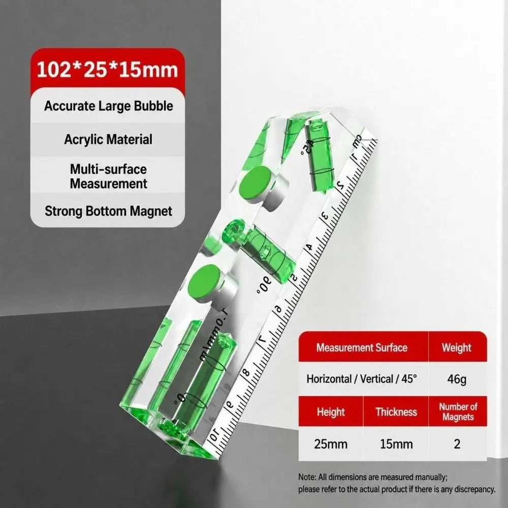 1PC Acrylic Mini Level Ruler Magnetic Horizontal Vertical Spirit Level High Precision Transparent Angle Measuring Tool