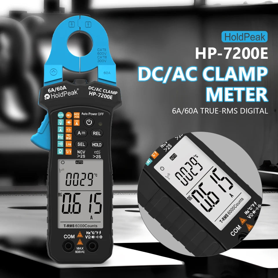 Digital AC/DC Clamp Meter 60A Auto Select Multimeter 6000 Counts True RMS NCV Live Wire Tester with Temperature for Electrical