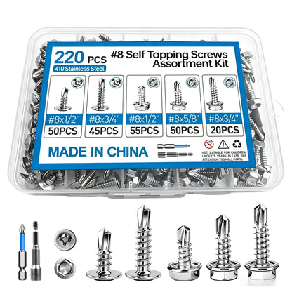 220pcs Stainless Steel Self Tapping Screw Kit 410 Self Tapping And Self Drilling Dovetail Screws M4.2 Hexagonal Head Drill Tail