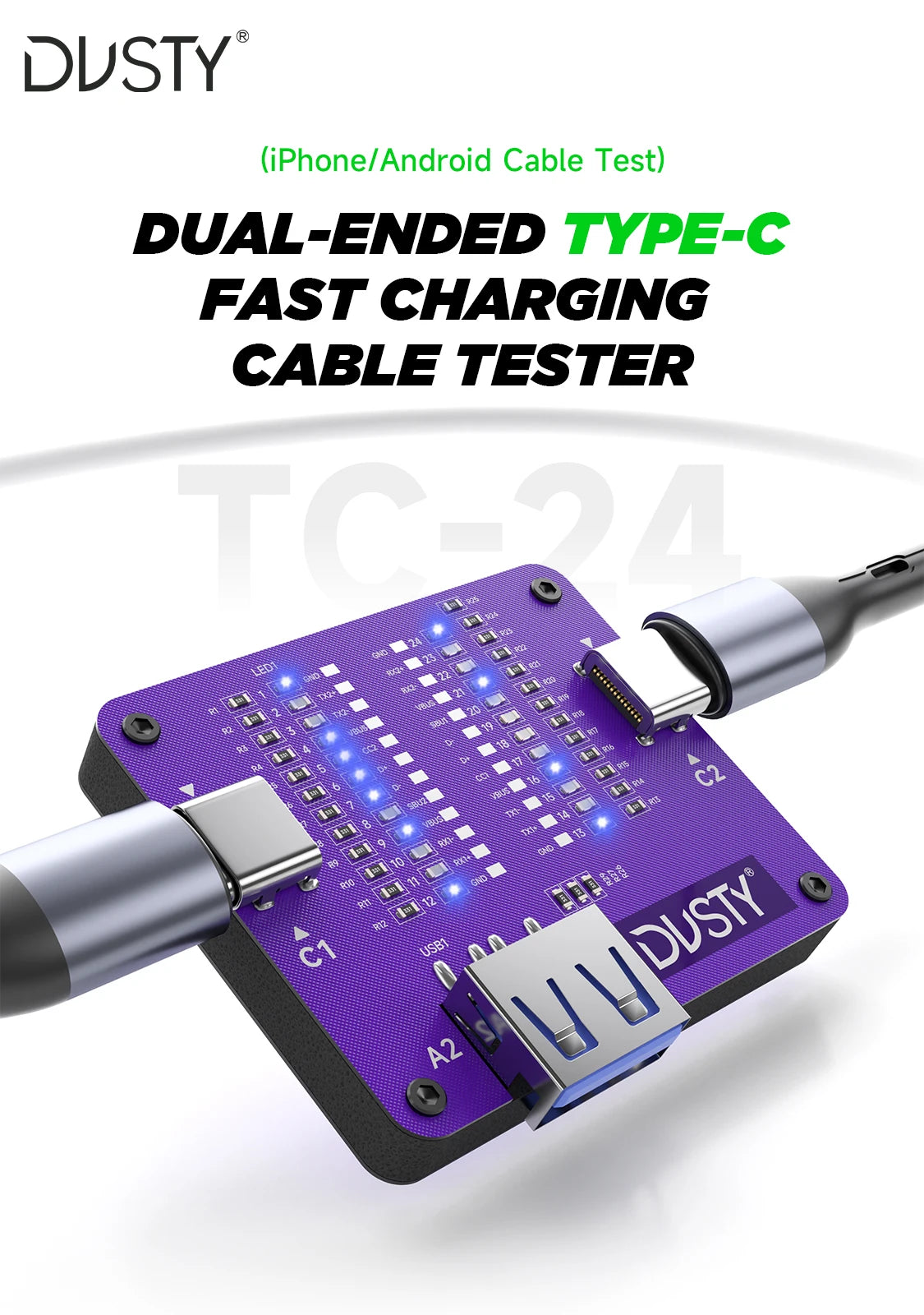 DUSTY TC-24 Type-C Cable Tester CR2032 Battery Powered 24 Pin Fast Charging Wire Continuity Checker For Phone Repair Tools