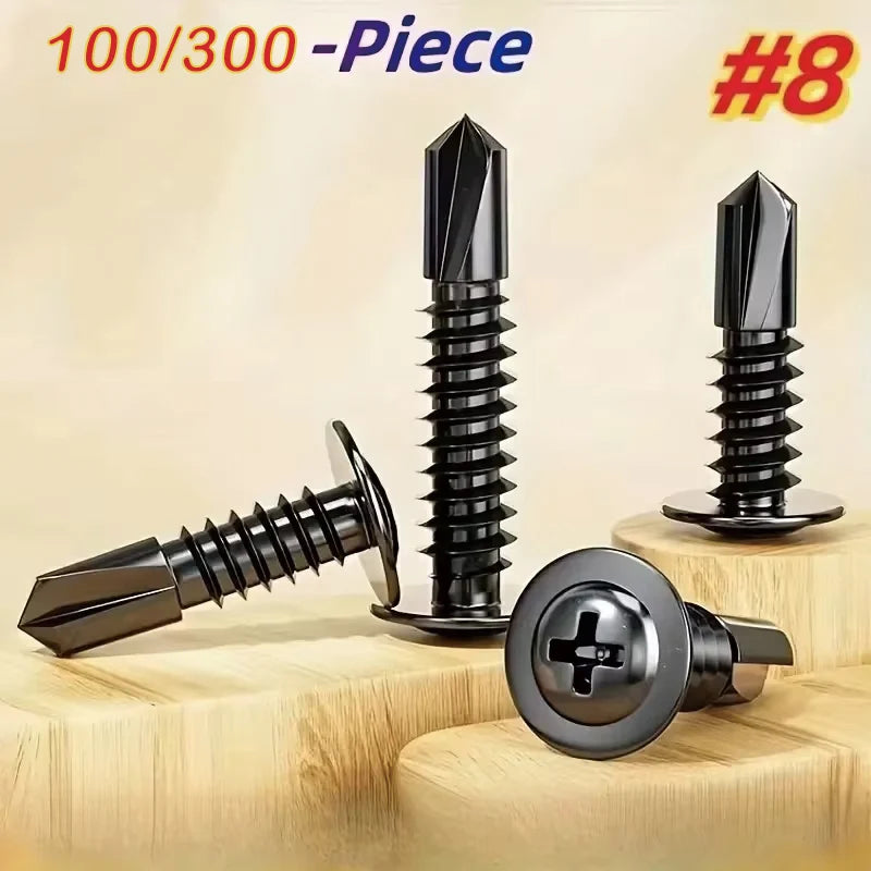100/300-Pack Black Self-Drilling TEK Screws 410 SS 8.8 Grade Phillips Head 13-25mm Rust-Resistant for Metal/Wood/Plastic DIY Rep
