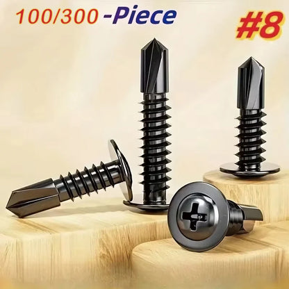 100/300-Pack Black Self-Drilling TEK Screws 410 SS 8.8 Grade Phillips Head 13-25mm Rust-Resistant for Metal/Wood/Plastic DIY Rep