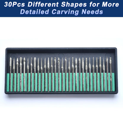 30PCS Diamond Burrs Set 3mm Shank Rotary Tool Bits for Dremel Grinding Engraving Drill Bits Kit for Glass Stone Ceramic Metal