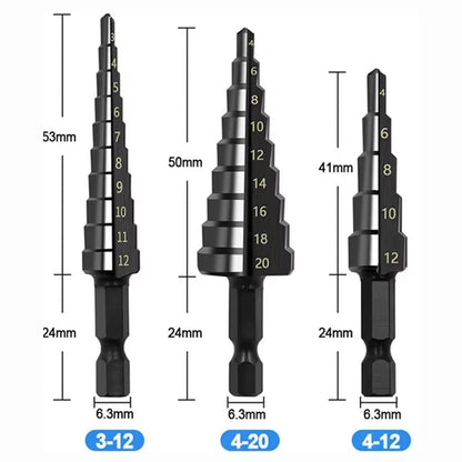 3Pcs Straight Groove Step Drill Bit Set Nitride Black Hex Core 3-12mm 4-12mm 4-20mm for Wood Metal Hole Cutting Tools