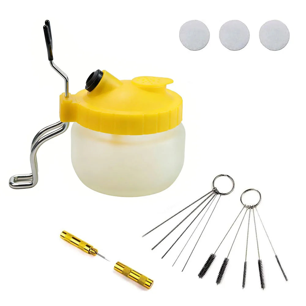 Airbrush Cleaning Pot Stand, Paint Storage Tray, Glass Reservoir Jar, Filter Cotton, and Airbrush Cleaning Tools