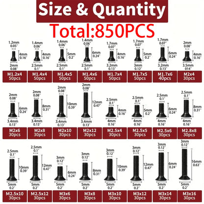 850pcs KM Black Phillips Countersunk Head Screws, Flat Head Screws, Boxed for Mobile Phones, Laptops, Tablets Repair Screws