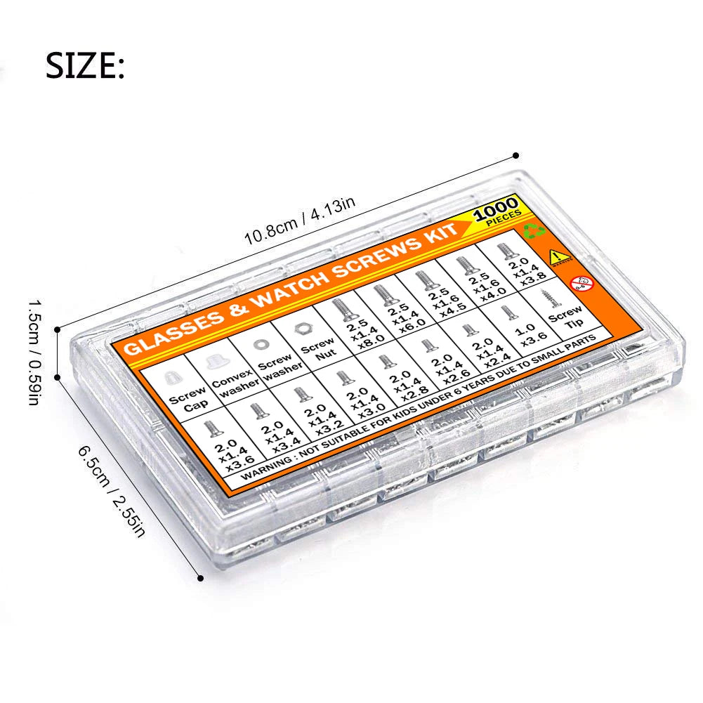 1000PCS Eyeglass Repair Kit, Stainless Steel Screws & Nuts Set with Mini Screwdriver & Tweezers for Glasses/Watch/Electronics