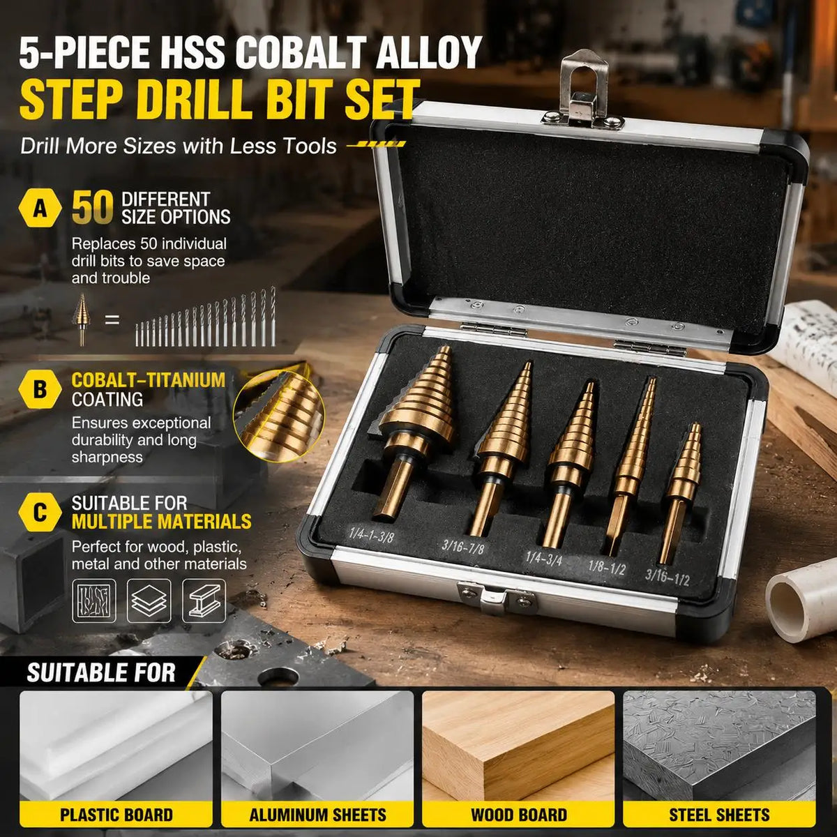 5Pcs Step Drill Bit Set HSS Cobalt 50 Sizes Conical Hole Cutter Titanium Coated Carbide Drill Bits Punch Tool for Stainless Steel Iron Sheet Metal Wood Plastic Aluminum Drilling Hardware Industrial Grade