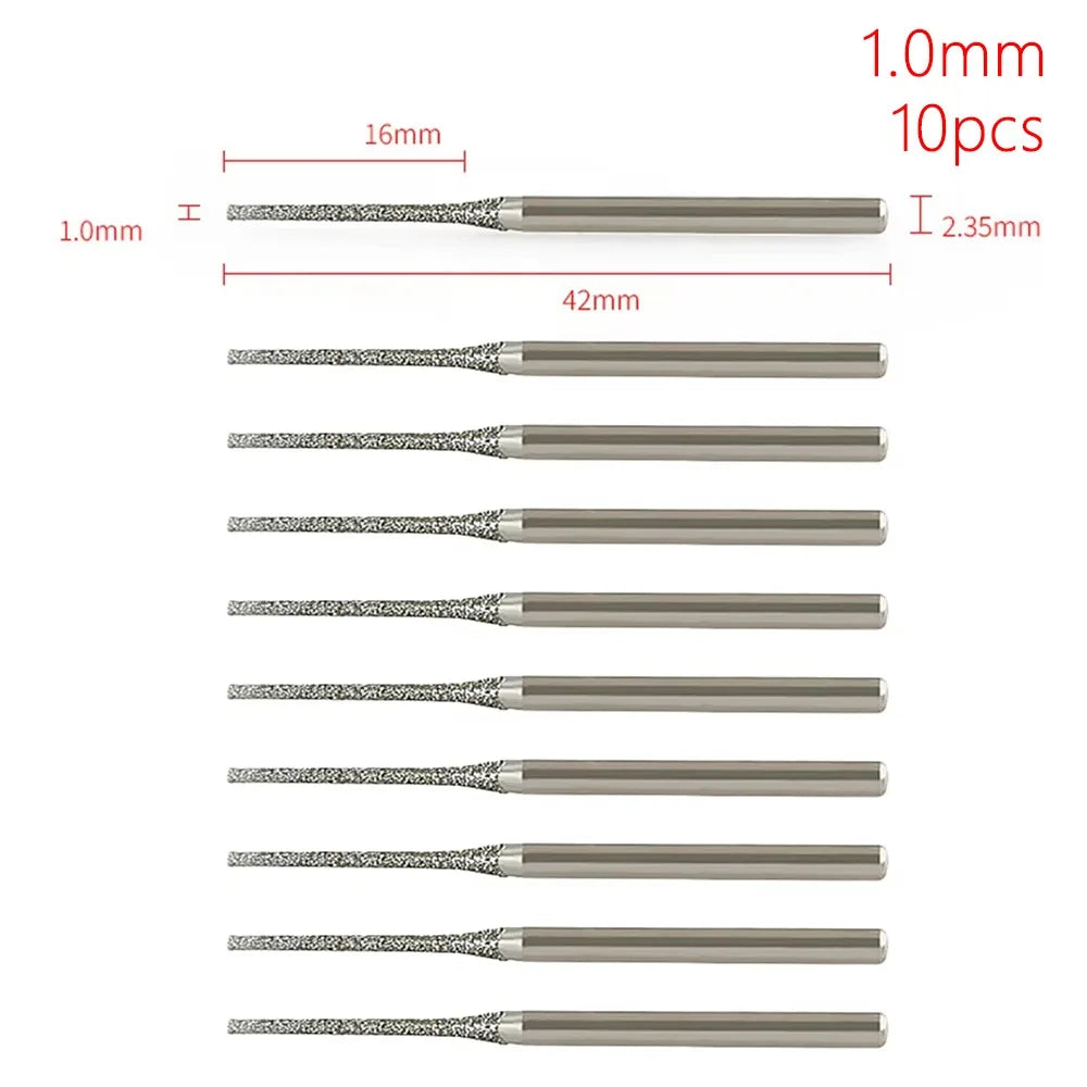 10Pcs 0.8-2.5mm Diamond Coated Drill Bits 2.35mm Shank Silver Polishing Head Grinding Burr Bits Glass Jade Amber Jewelry Diamond