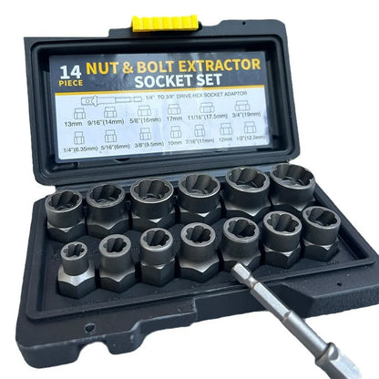 14 Pcs Impact Bolt & Nut Remover Set Cr-Mo Steel Bolt Extractor Tool Set with Solid Storage Case for Industrial