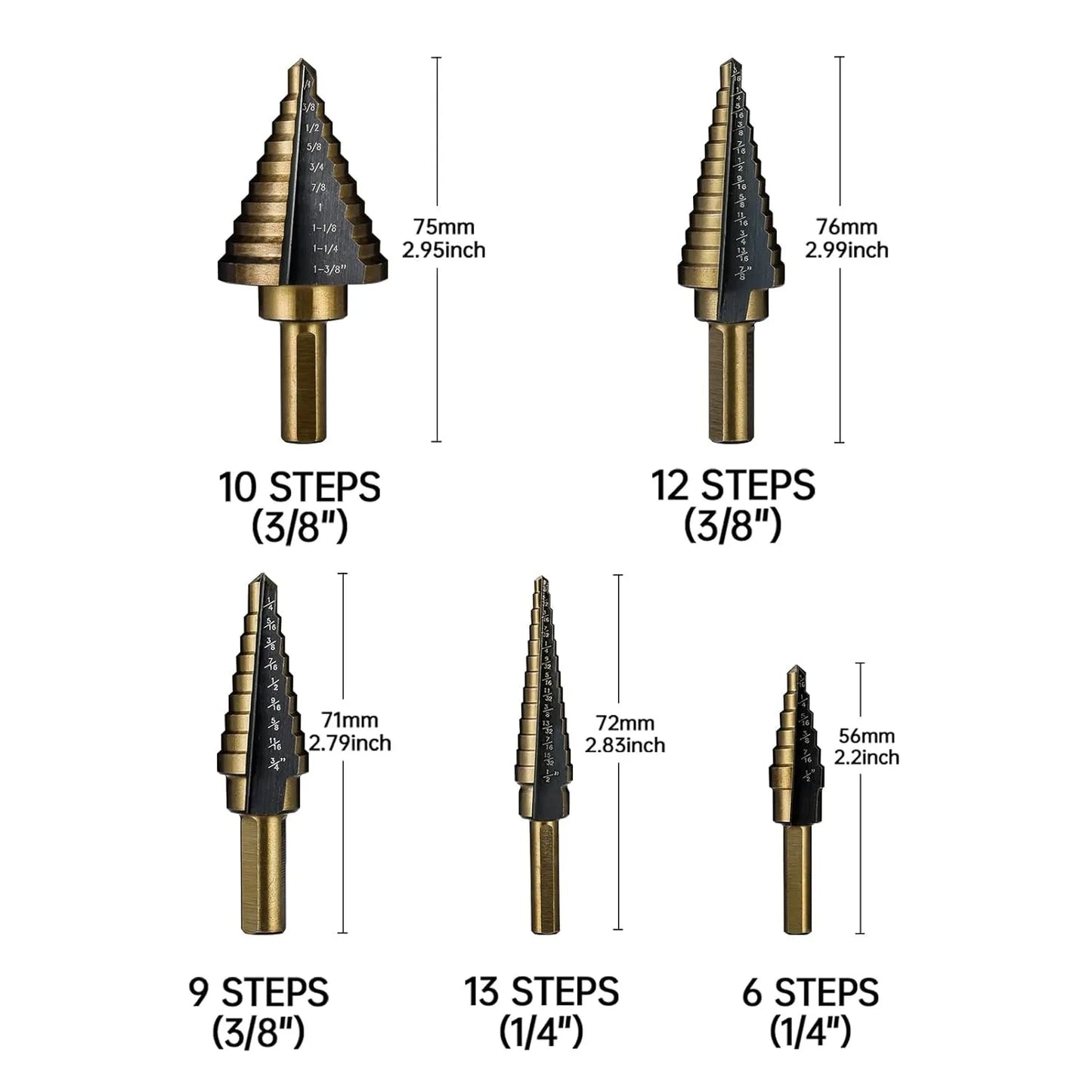 5pc British System Roasted Yellow Triangular Straight Groove Step Drill Blackened Pagoda Drill Hole Opener Aluminum Box Tool