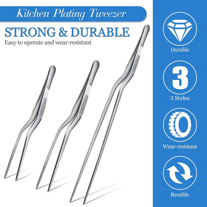3 Sizes Stainless Steel Precision Kitchen Chef Tongs Tweezers for Food Cooking Picnic Barbecue Cake Decorating 14cm 16cm 20cm