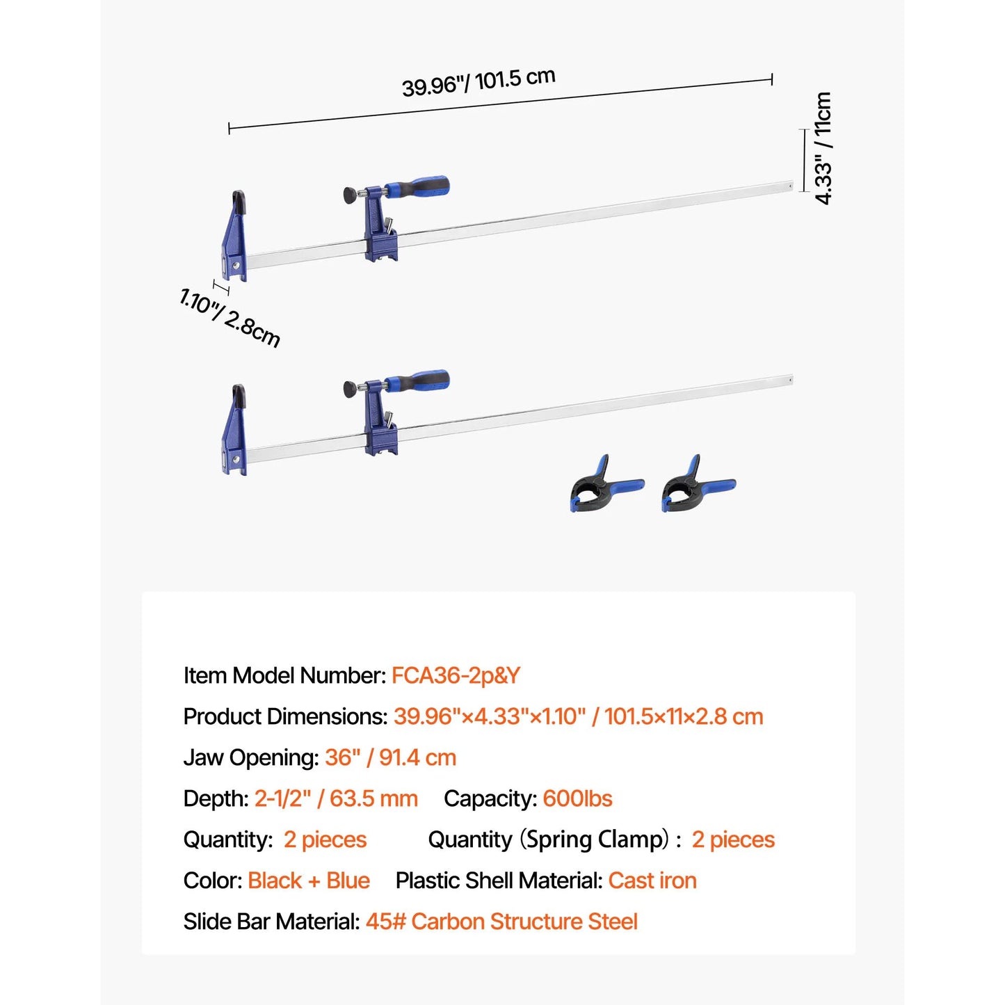 SucceBuy Bar Clamps 2Pcs 50" Parallel Clamp Set F Clamp w/ 1100lbs Load Limit  High-strength Plastic and Carbon Steel Wood clamp