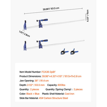 SucceBuy Bar Clamps 2Pcs 50" Parallel Clamp Set F Clamp w/ 1100lbs Load Limit  High-strength Plastic and Carbon Steel Wood clamp