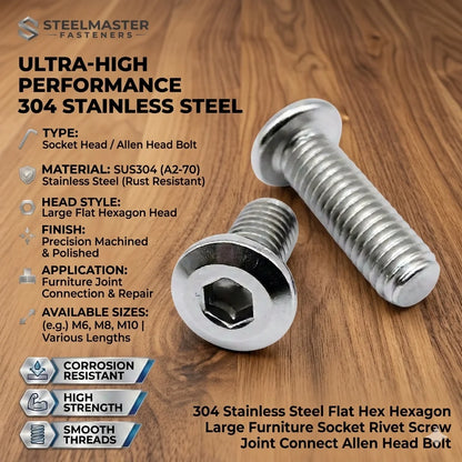 304 Stainless Steel Flat Head Hex Socket Furniture Screws M4 M5 M6 M8 Rivet Connector Bolt Allen Head Joint Bolt for Bed Cabinet