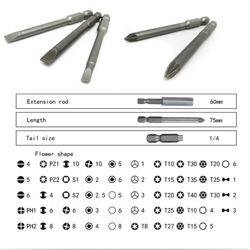 50 extra long screwdriver sets with 75mm safety screwdriver heads, Torx star shaped hexagonal wrench heads, fully automatic han