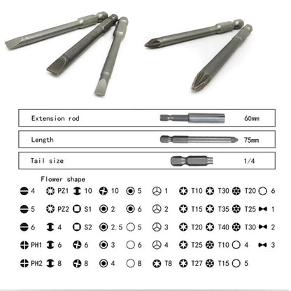 50 extra long screwdriver sets with 75mm safety screwdriver heads, Torx star shaped hexagonal wrench heads, fully automatic han