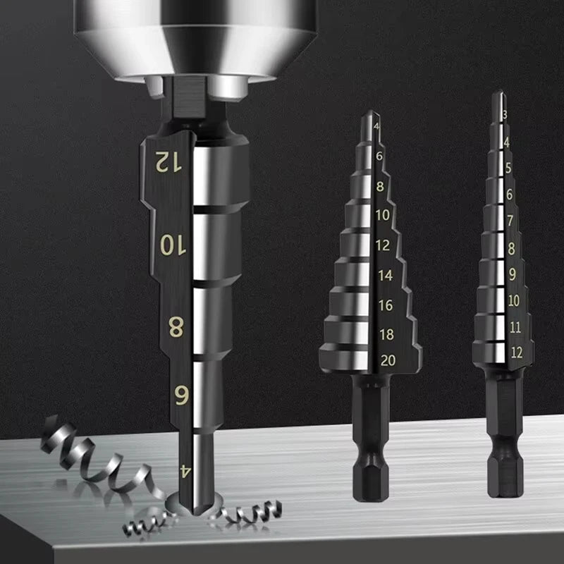 3Pcs Straight Groove Step Drill Bit Set Nitride Black Hex Core 3-12mm 4-12mm 4-20mm for Wood Metal Hole Cutting Tools