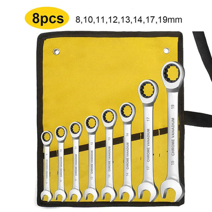 WEELEE Ratcheting Combination Wrench Set, Metric 6-19mm Auto Repair Key Wrenches,Spanner with Rolled Cloth Bags