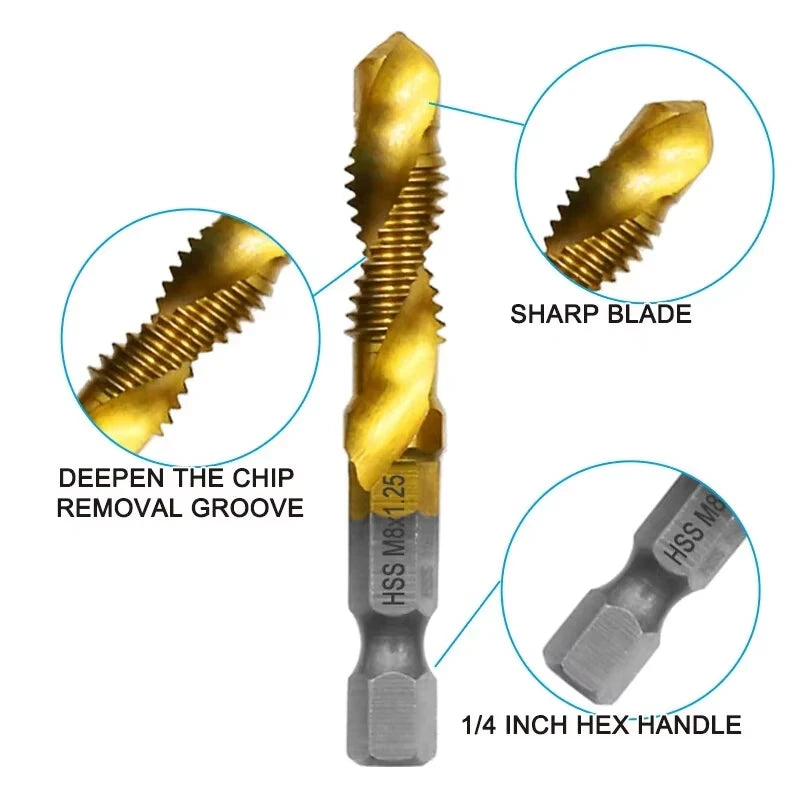 6PC High-Speed Steel 4341 Titanium Plated Composite Tap Drill And Tap Integrated Machine Tap Open Chamfer Tool Set